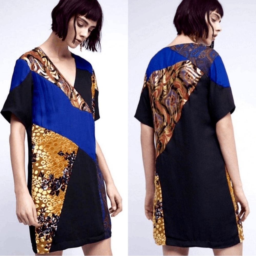 Anthropologie 12 HD Paris Camellia Patchwork Dress shift faux wrap front festive